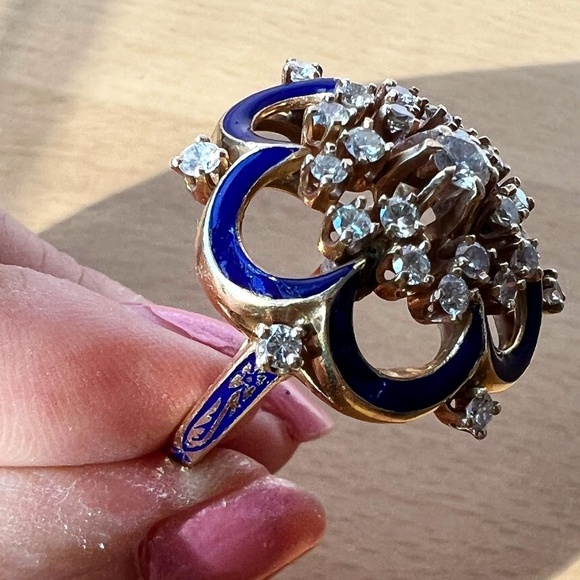 VINTAGE 14K YELLOW GOLD DIAMOND COBALT BLUE ENAMEL RING STATEMENT CUSTOM MADE - Picture 9 of 16